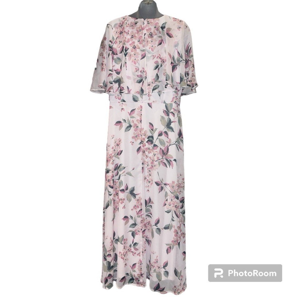 Calvin Klein Women’s Pink Floral Caplet Flutter Sleeves Maxi Chiffon Dress Sz 12 - Picture 3 of 12
